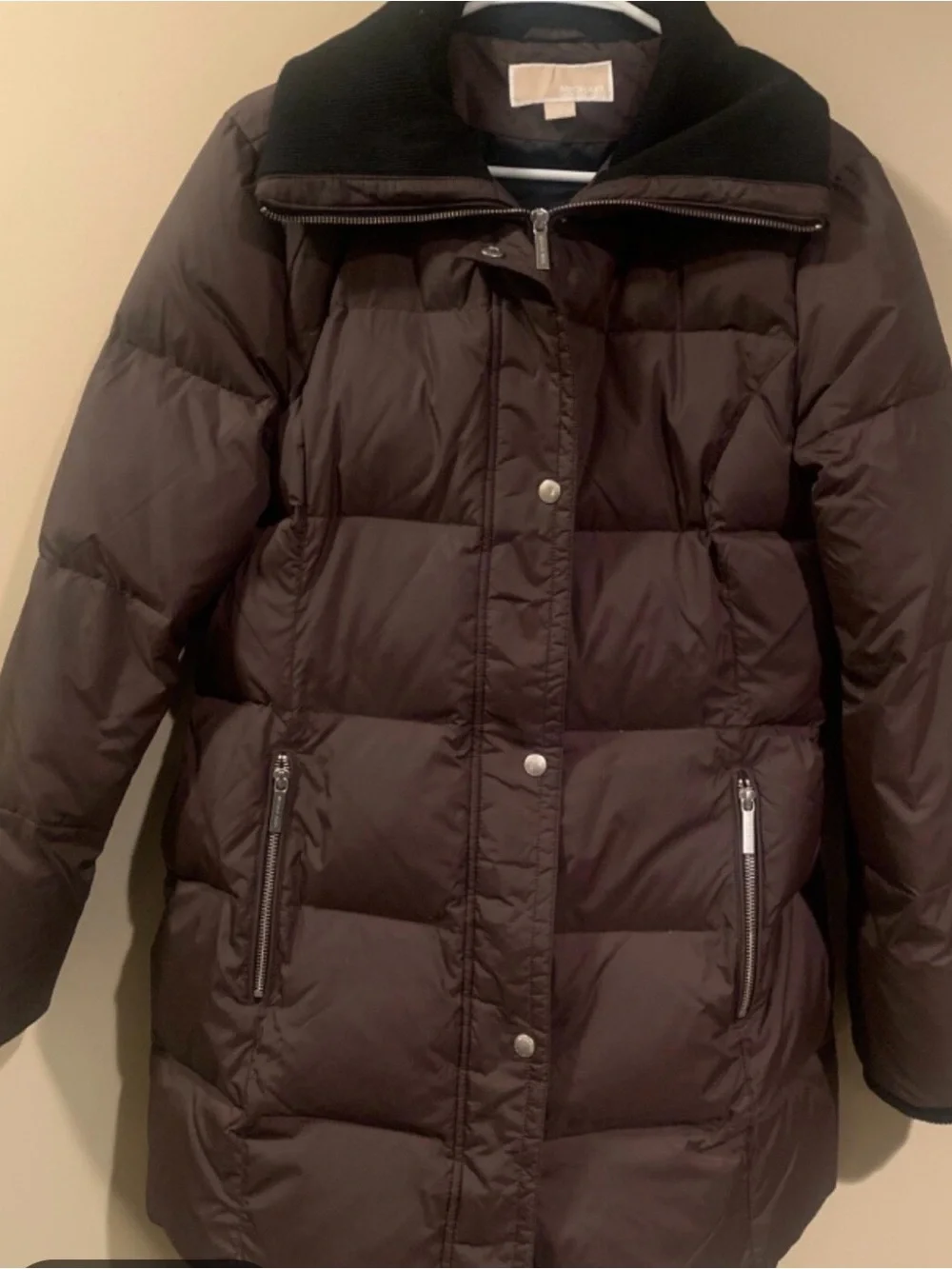 Michael Kors Dark Brown Quilted Puffer Coat with Black Collar